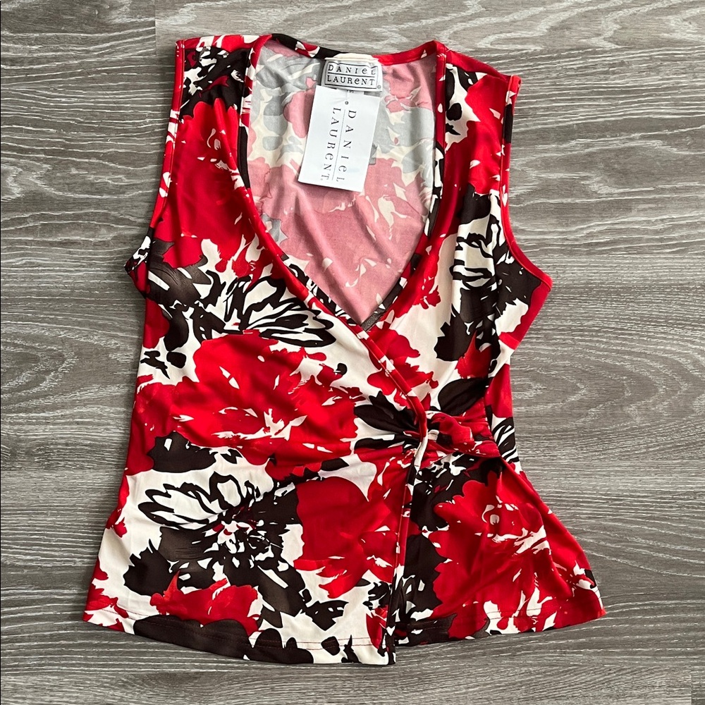 SOLD Daniel Laurent Red and Black Floral Wrap Blouse